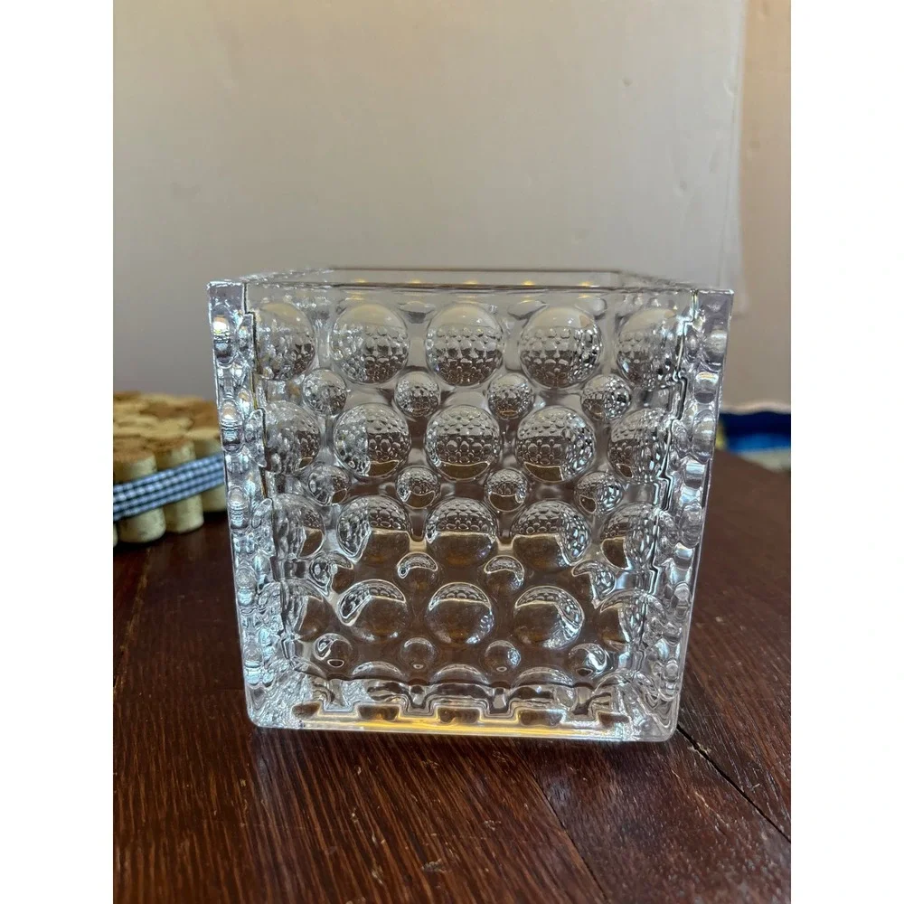 Clear Glass Square Bubble Cube Vase Textured Hobnail Candle Holder 4.75 Inch